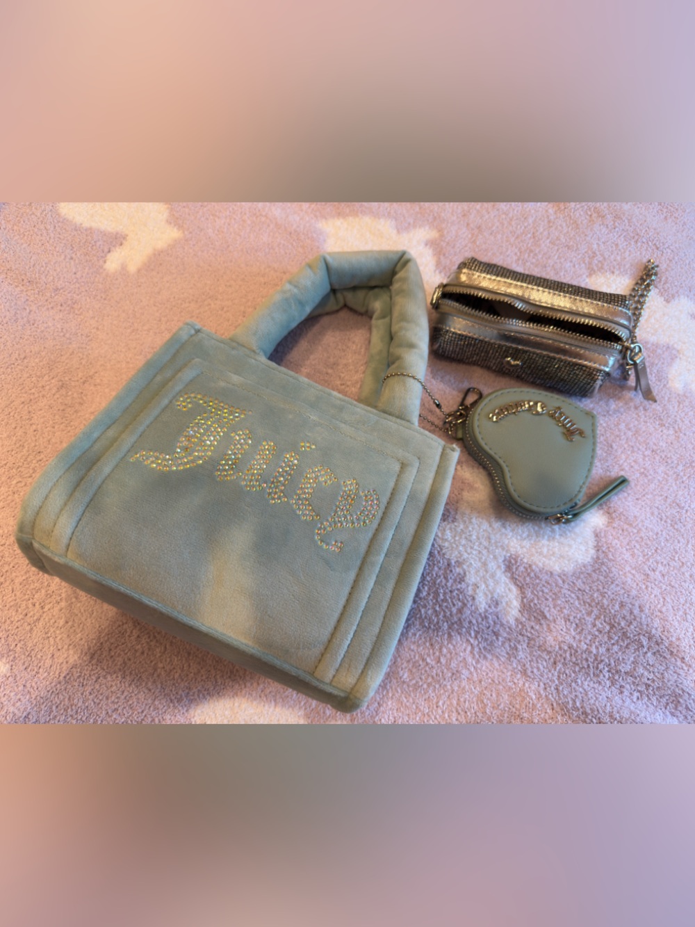Juicy Couture Cool Blue Teal Velour Mini Tote Bag + Heart Coin Purse